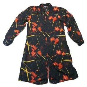 Revue Sheer Floral Longline Tunic Blouse M Black Red Shirt Dress Boho Witchy